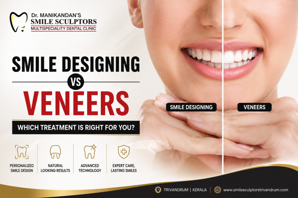 images shows a smiling lady and the difference between smile designing and veeners